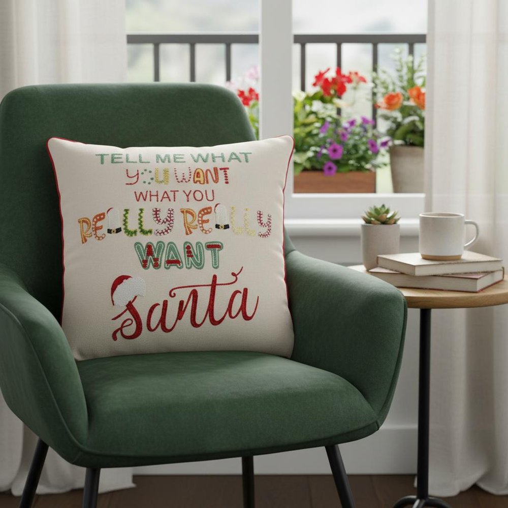 20" Ivory Christmas Cotton Throw Pillow with Embroidery