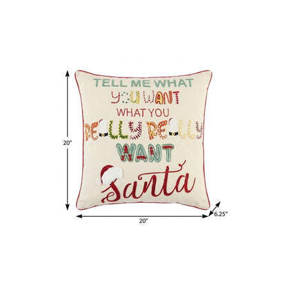 20" Ivory Christmas Cotton Throw Pillow with Embroidery