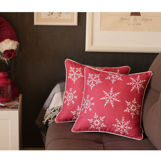 Set of 2 Red and White Snowflakes Throw Pillows