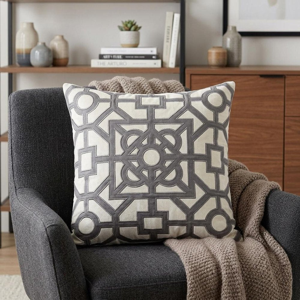 18" Gray And White Abstract Geometric Velvet Throw Pillow