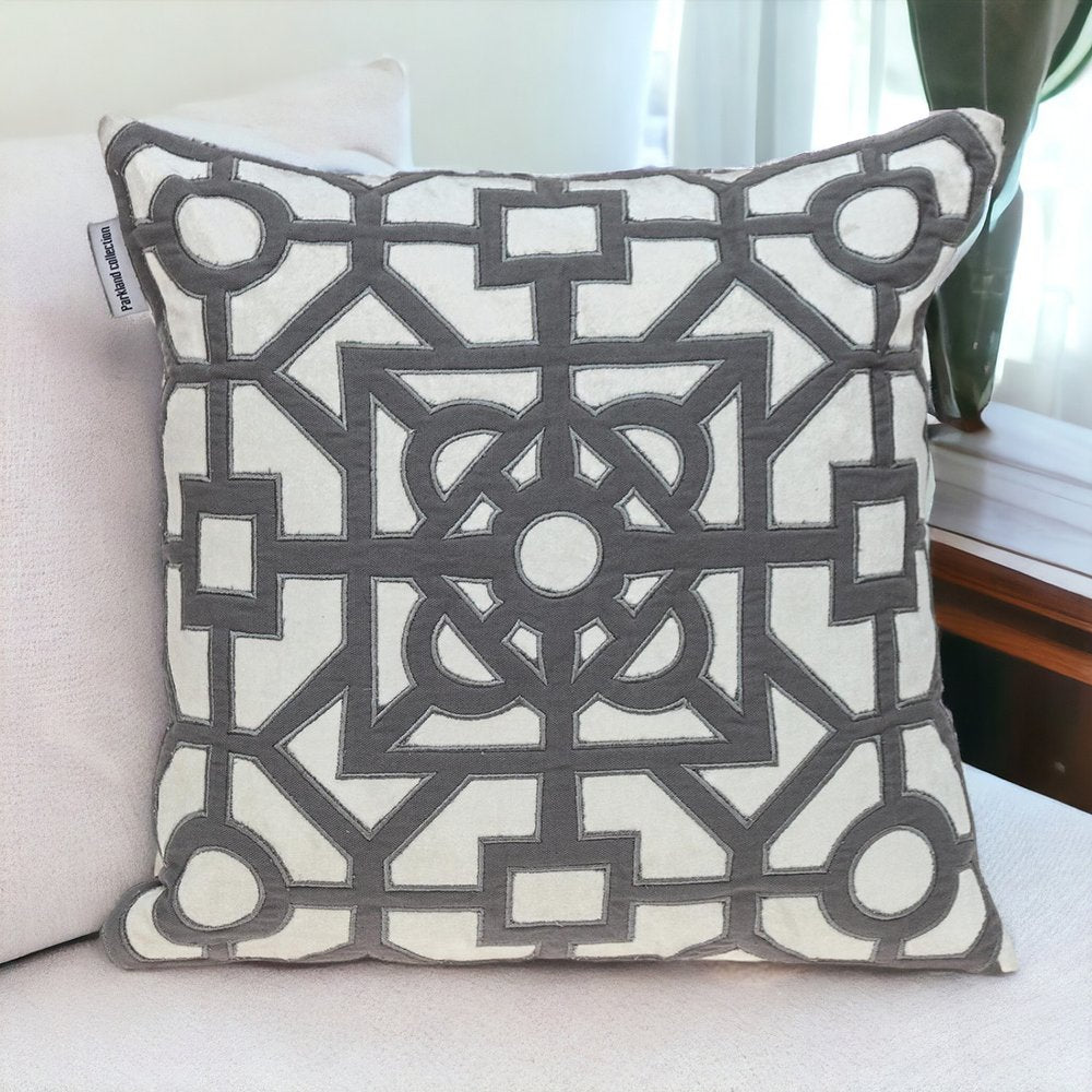 18" Gray And White Abstract Geometric Velvet Throw Pillow