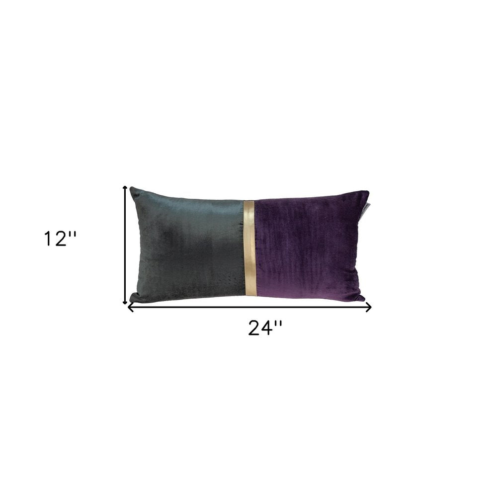 12" X 24" Dark Gray And Purple Color Block Velvet Lumbar Throw Pillow