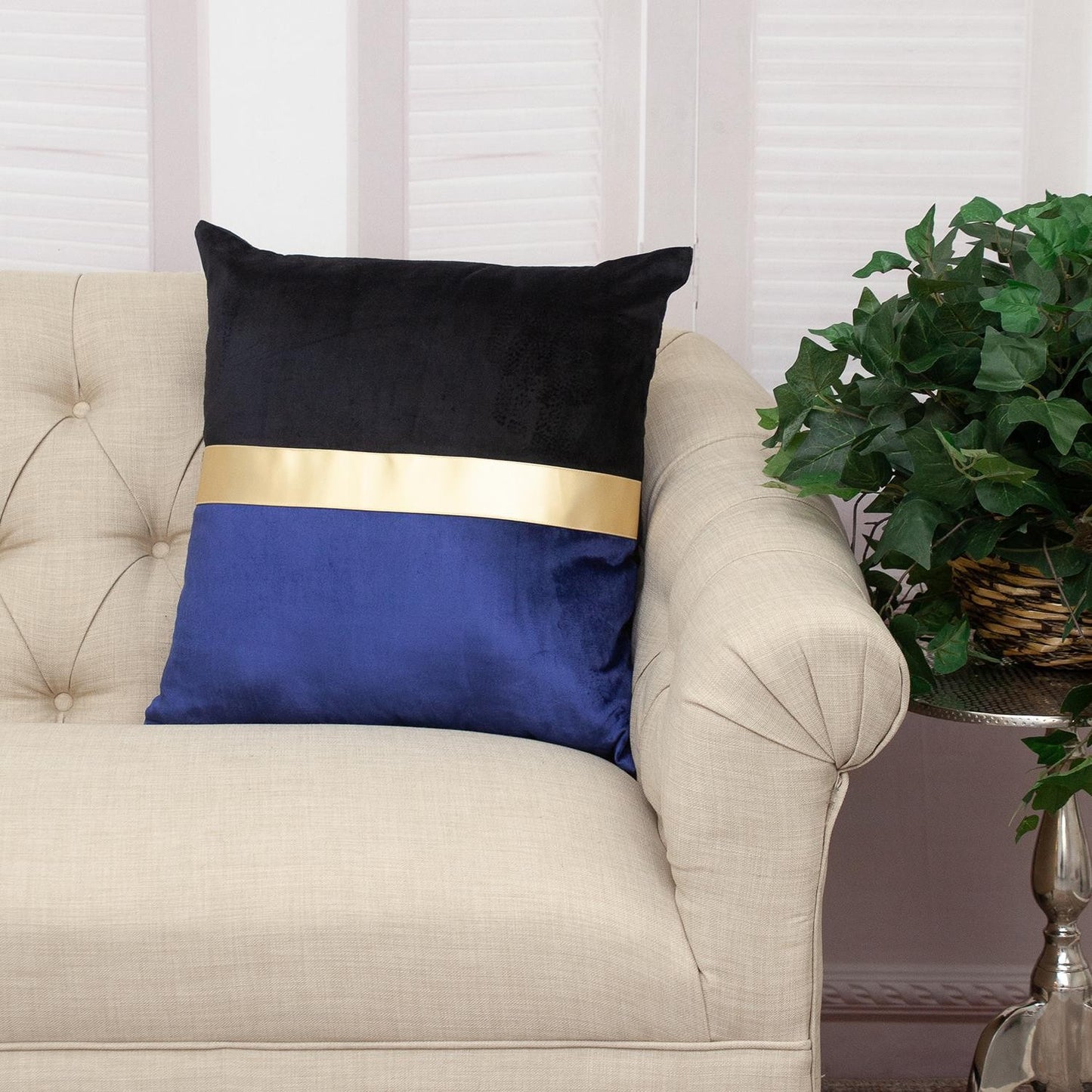 Black Gold and Blue Tufted Velvet Square Pillow