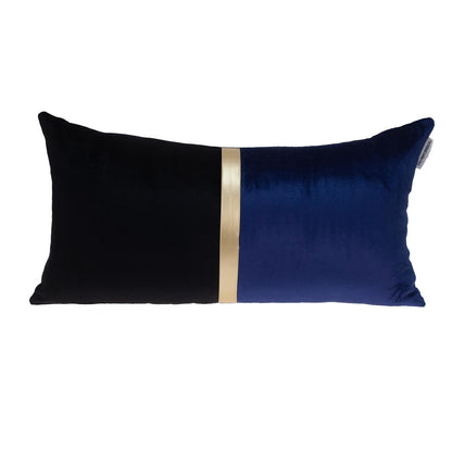 12" X 24" Black Blue and Gold Striped Velvet Throw Pillow