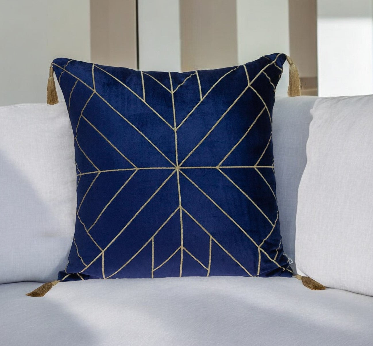 Blue and Gold Geo Velvet Throw Pillow with Gold Tassels