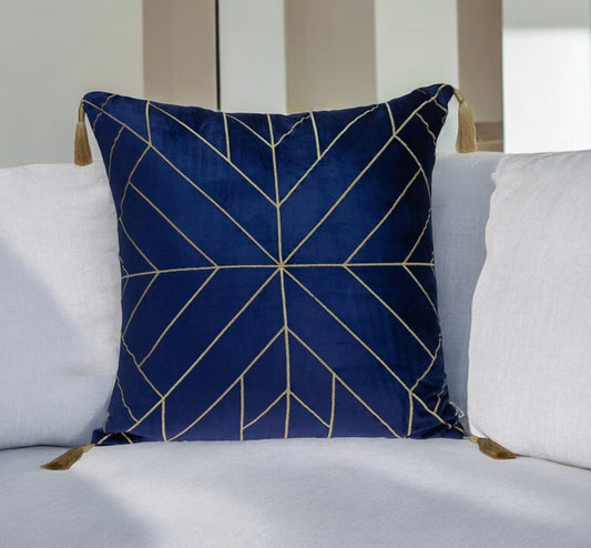 Blue and Gold Geo Velvet Throw Pillow with Gold Tassels