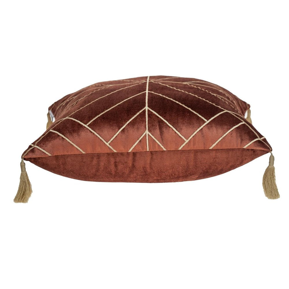 20" Burnt Orange And Gold Velvet Throw Pillow with Embroidery And Tassels