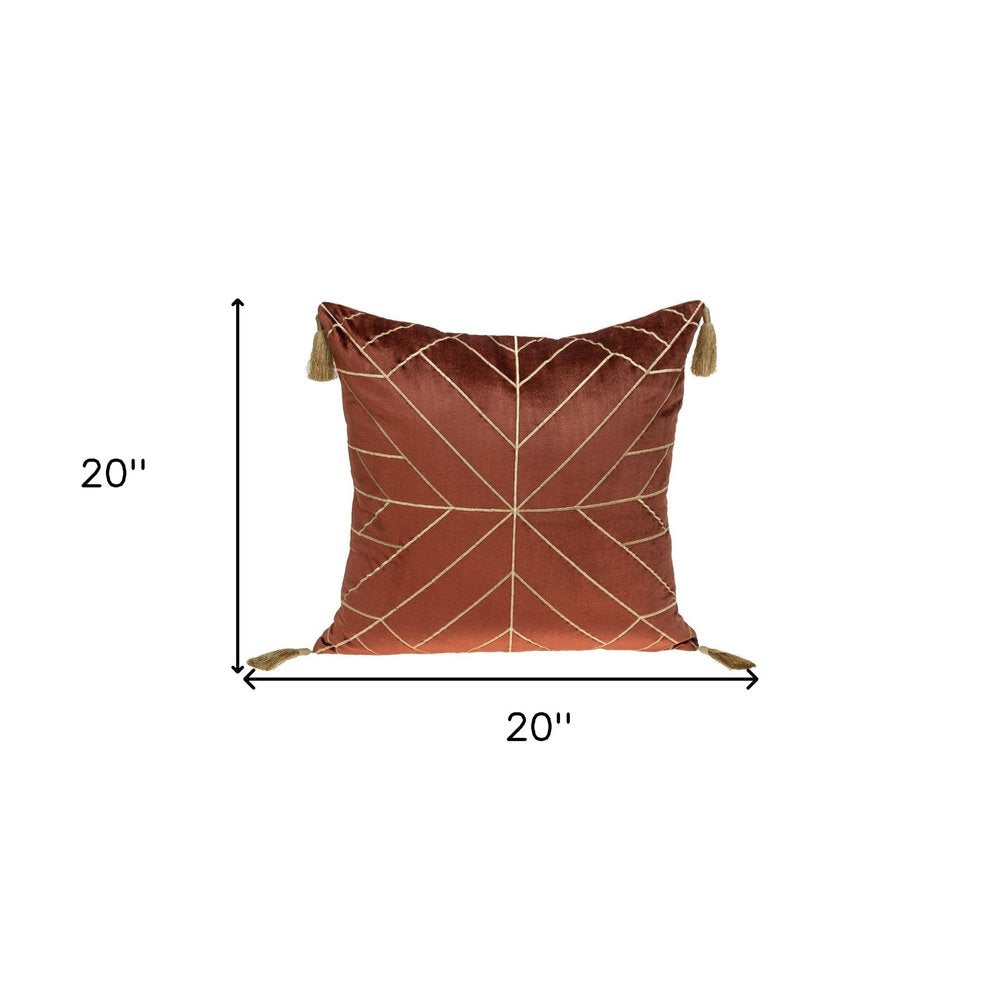 20" Burnt Orange And Gold Velvet Throw Pillow with Embroidery And Tassels