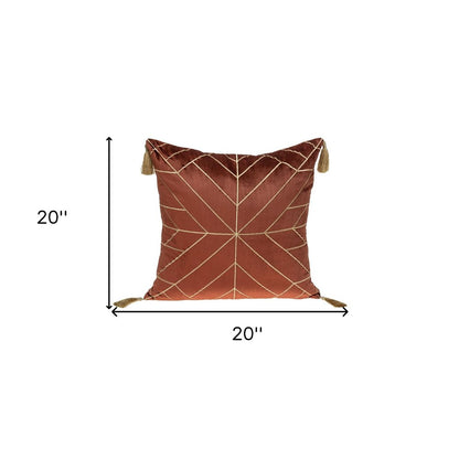 20" Burnt Orange And Gold Velvet Throw Pillow with Embroidery And Tassels