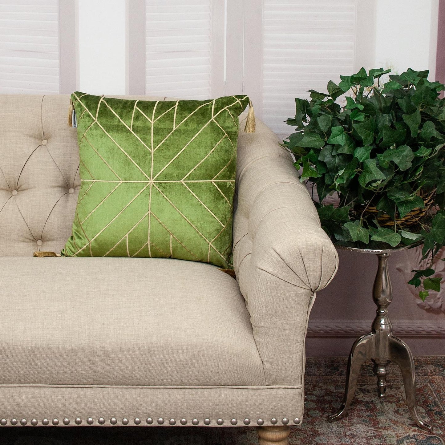 Olive and Gold Geo Velvet Throw Pillow with Gold Tassels