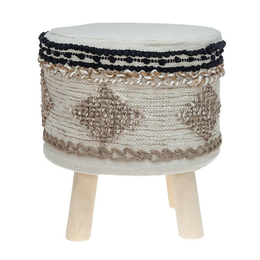 18" Beige and Brown Cotton Abstract Round Footstool