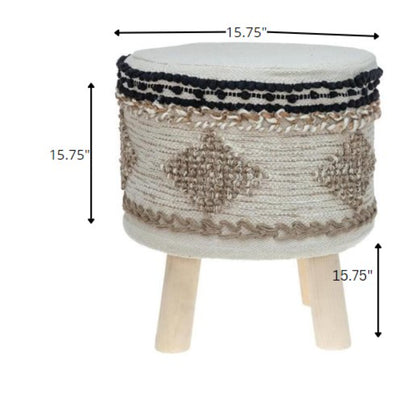 16" Beige Jute And Brown Round Abstract Ottoman