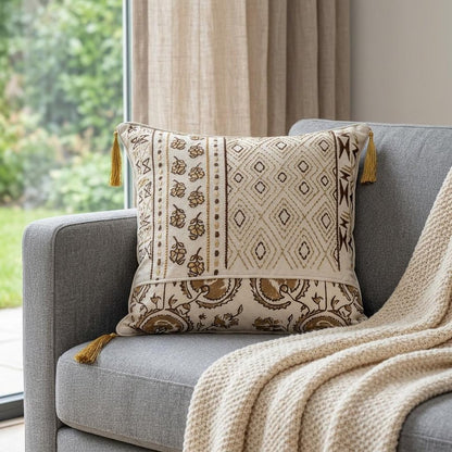 20" Beige Cotton Blend Throw Pillow