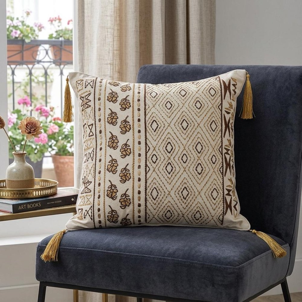 20" Beige Cotton Blend Throw Pillow