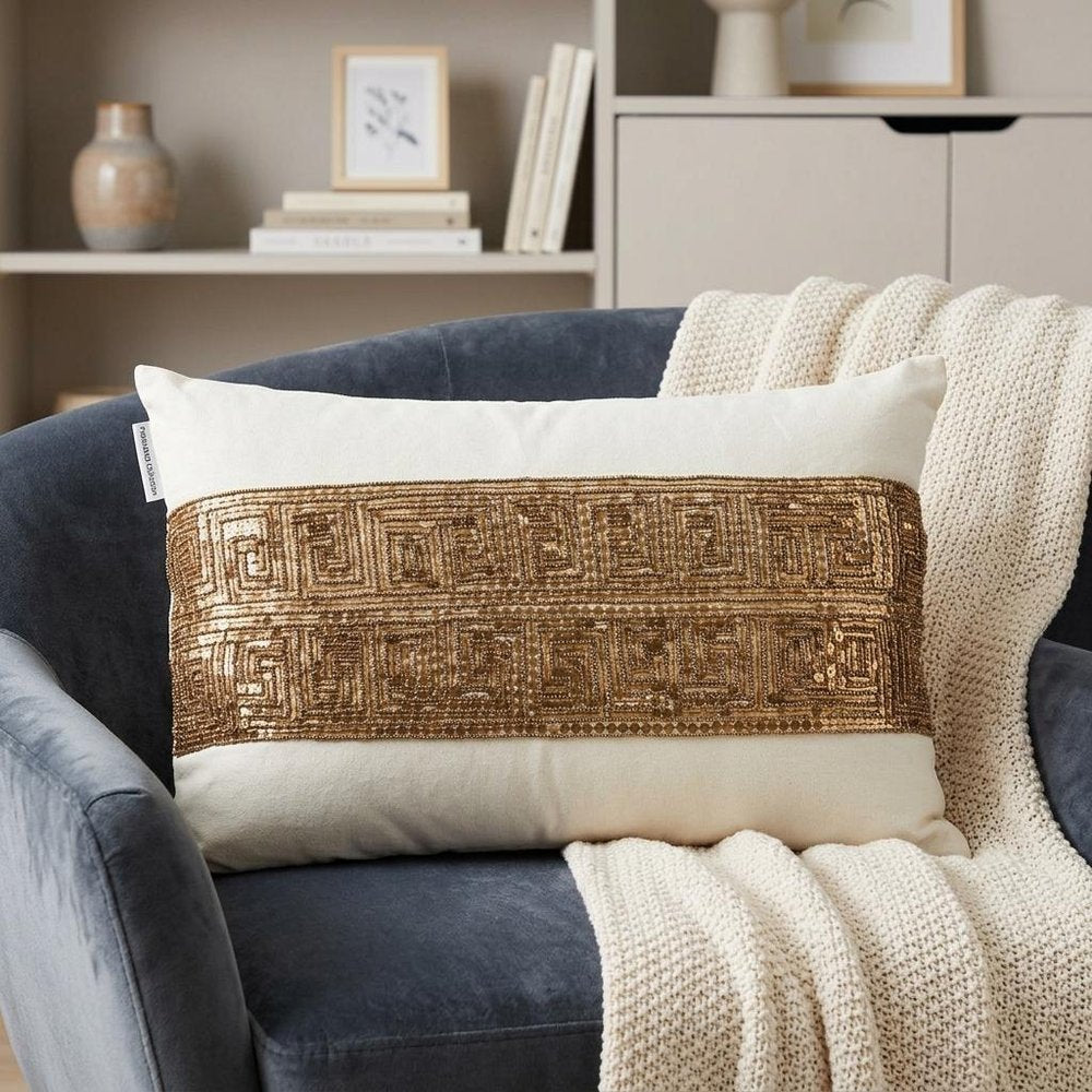 Glam Off White with Golden Sequins Lumbar Throw Pillow