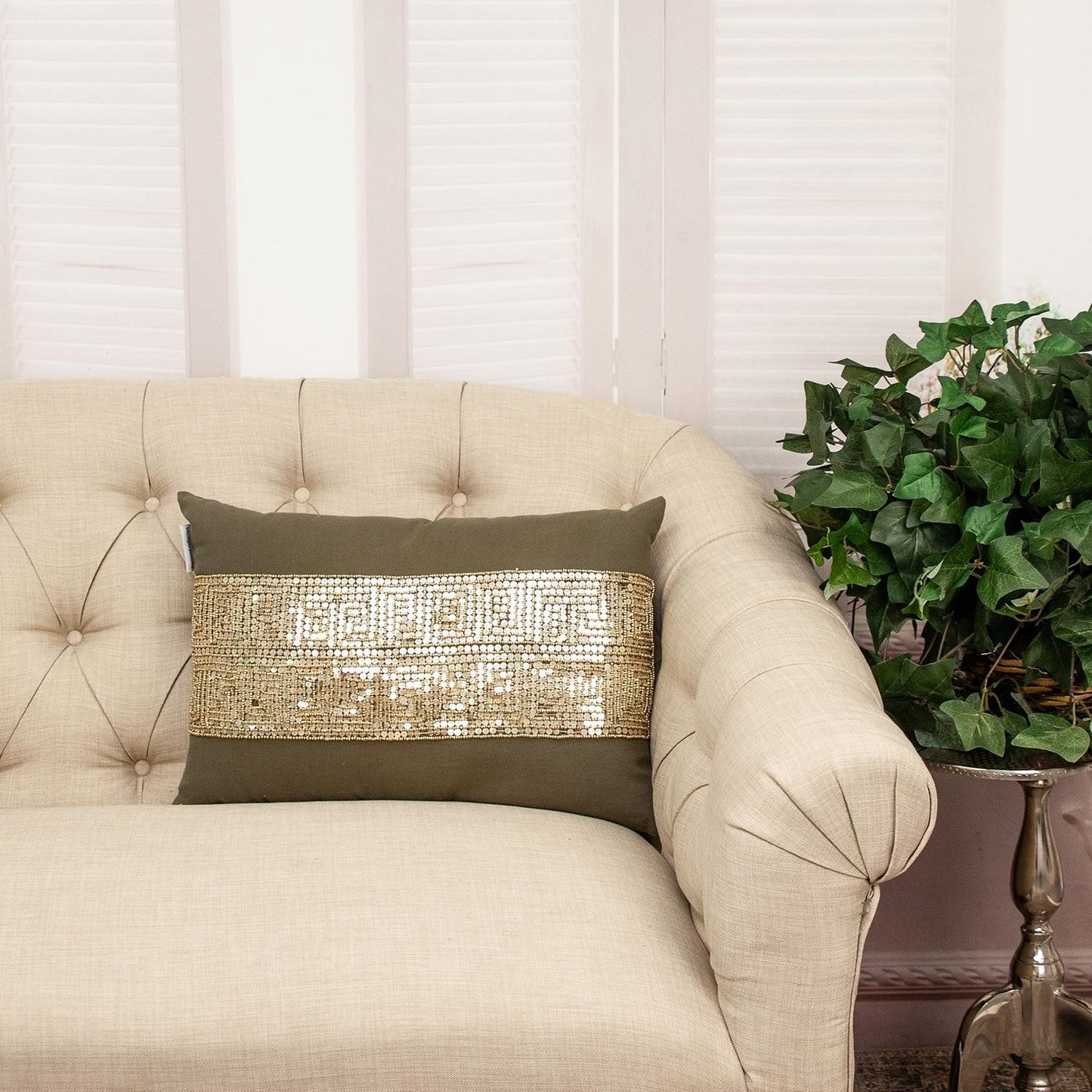 Glam Olive with Gold Sequins Lumbar Throw Pillow