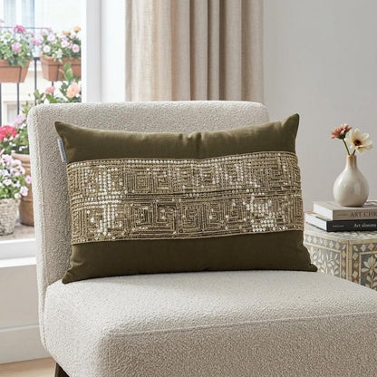 Glam Olive with Gold Sequins Lumbar Throw Pillow