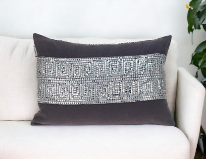 Glam Gray with Silver Sequins Lumbar Throw Pillow