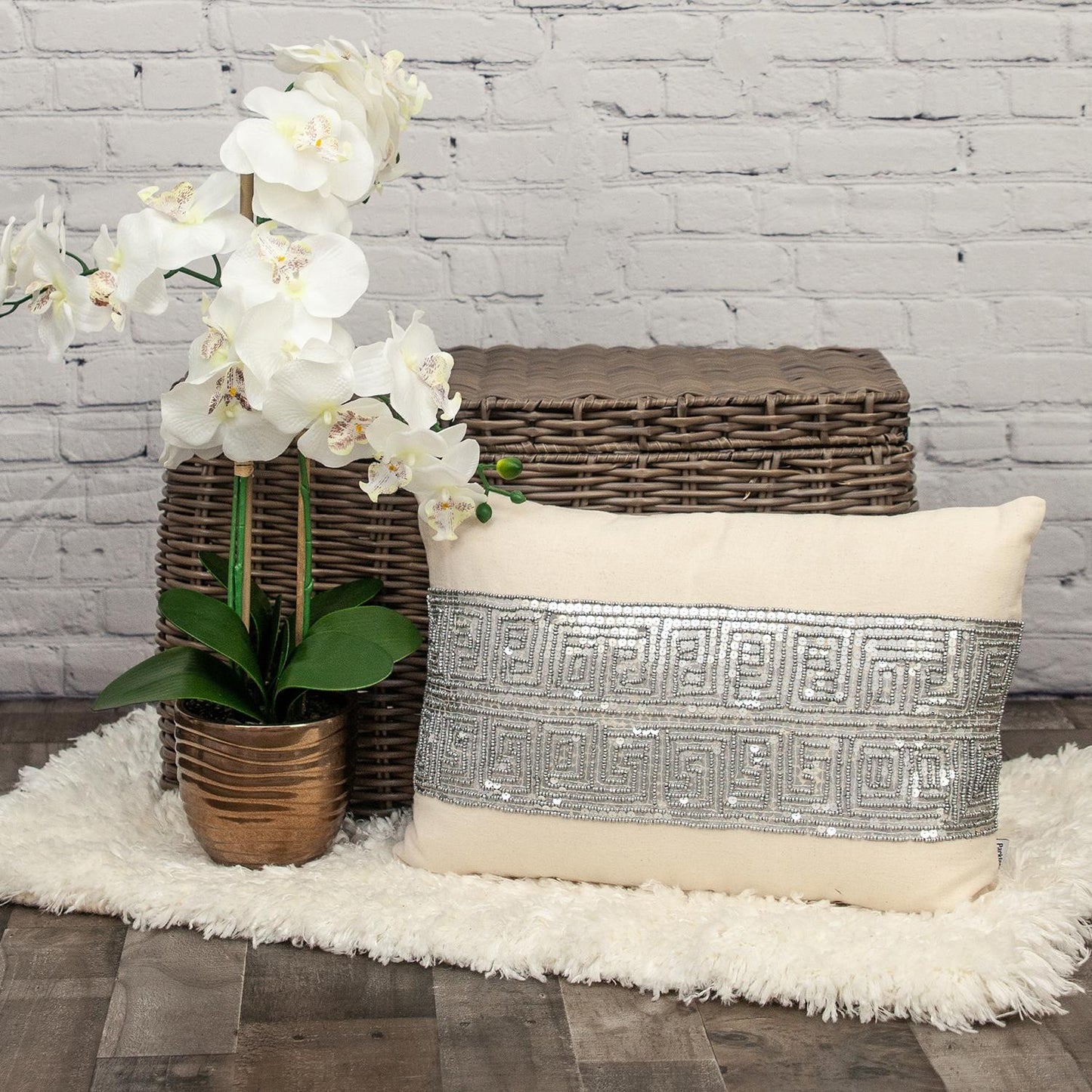 Glam Beige with Silver Sequins Lumbar Throw Pillow