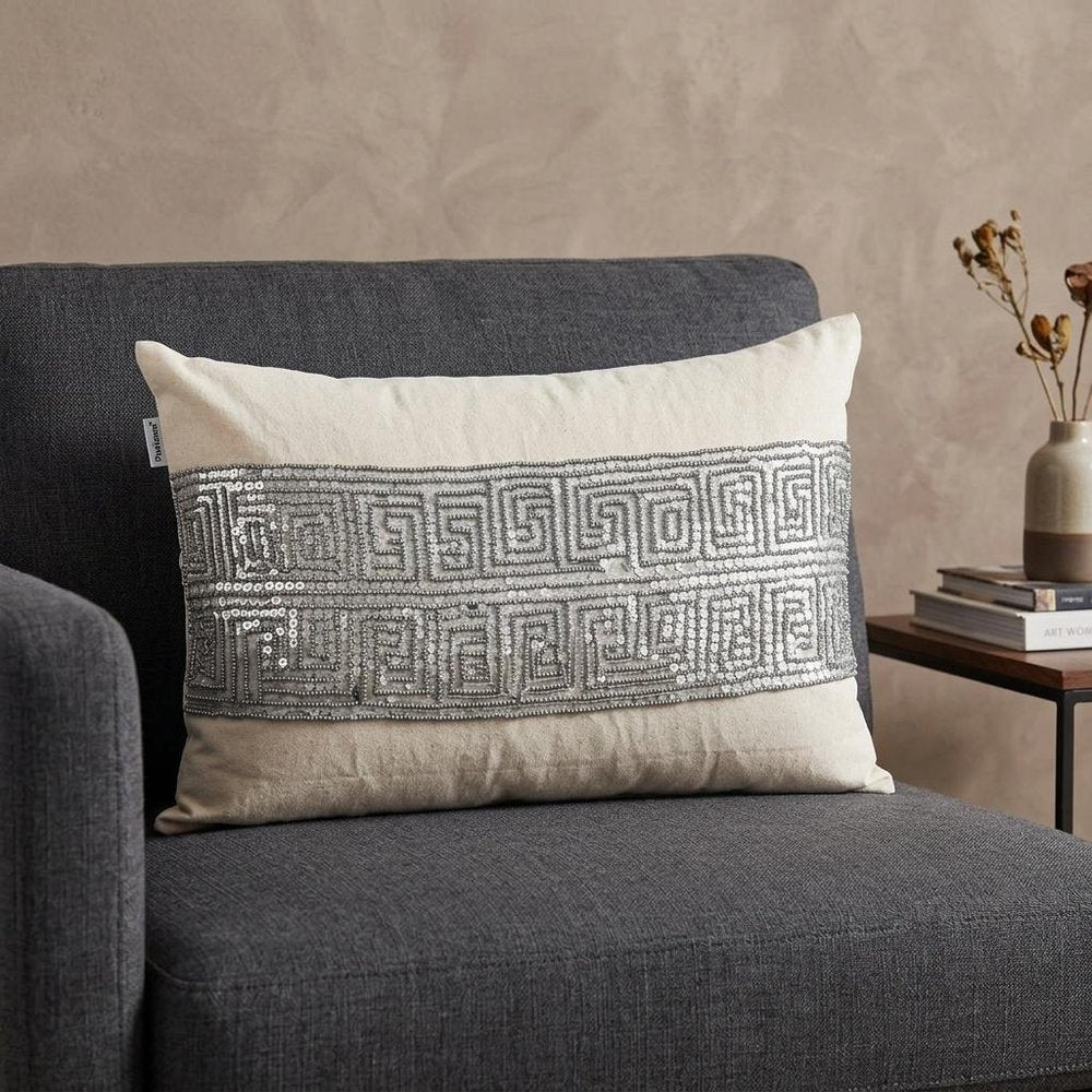 Glam Beige with Silver Sequins Lumbar Throw Pillow
