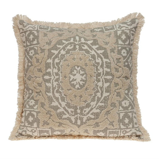 18" Beige And Khaki Medallion Cotton Blend Throw Pillow