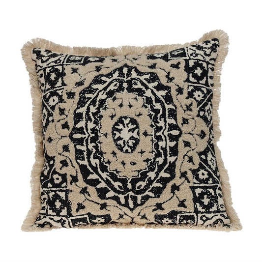 18" Beige And Black Medallion Cotton Blend Throw Pillow