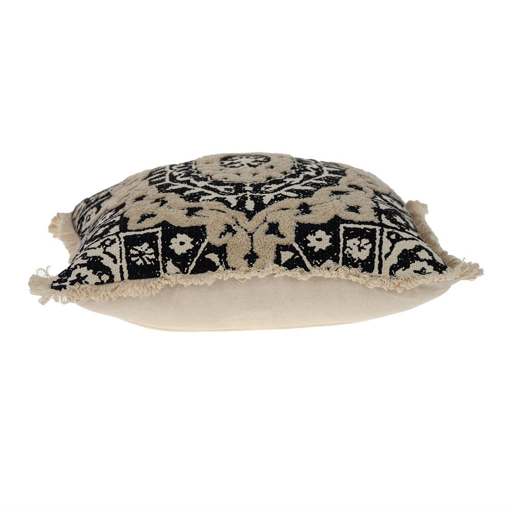 18" Beige And Black Medallion Cotton Blend Throw Pillow