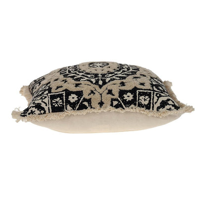18" Beige And Black Medallion Cotton Blend Throw Pillow