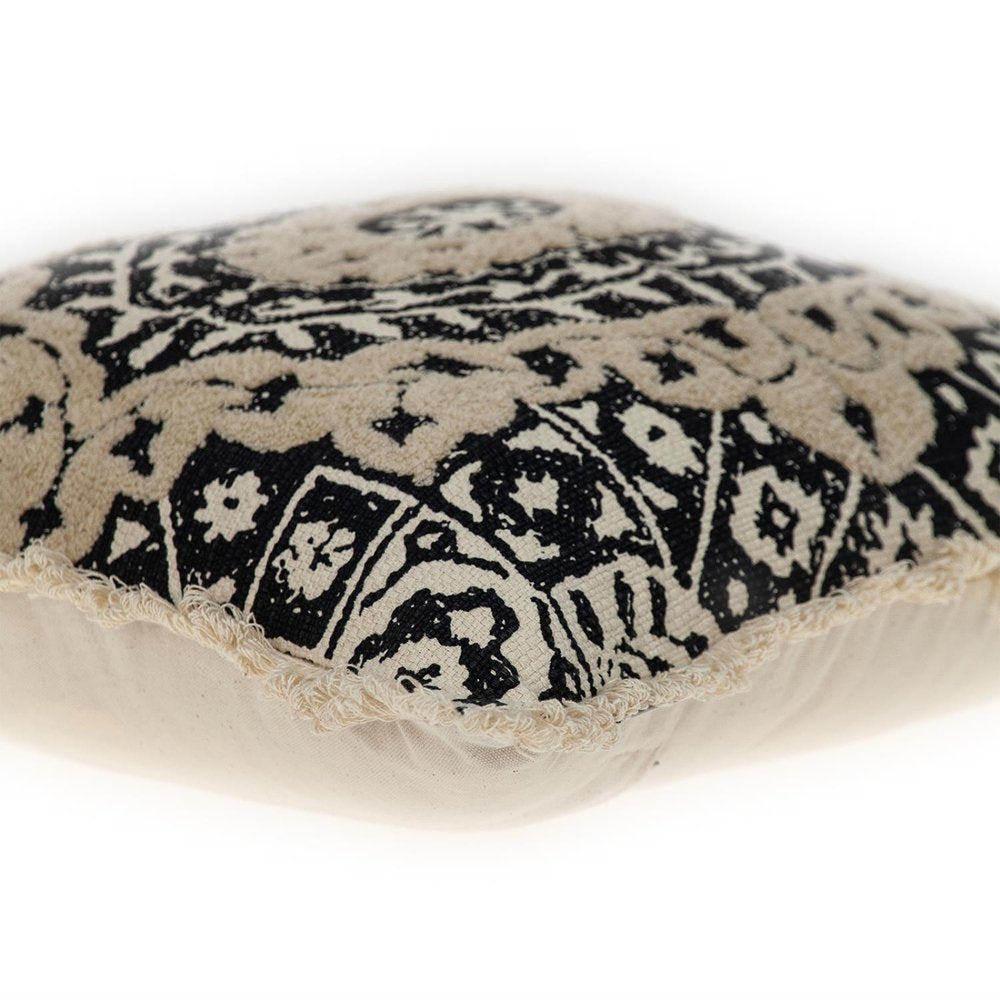 18" Beige And Black Medallion Cotton Blend Throw Pillow