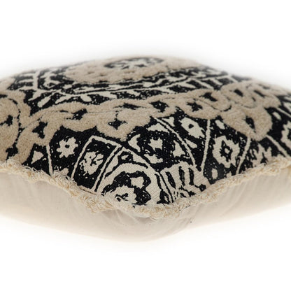 18" Beige And Black Medallion Cotton Blend Throw Pillow