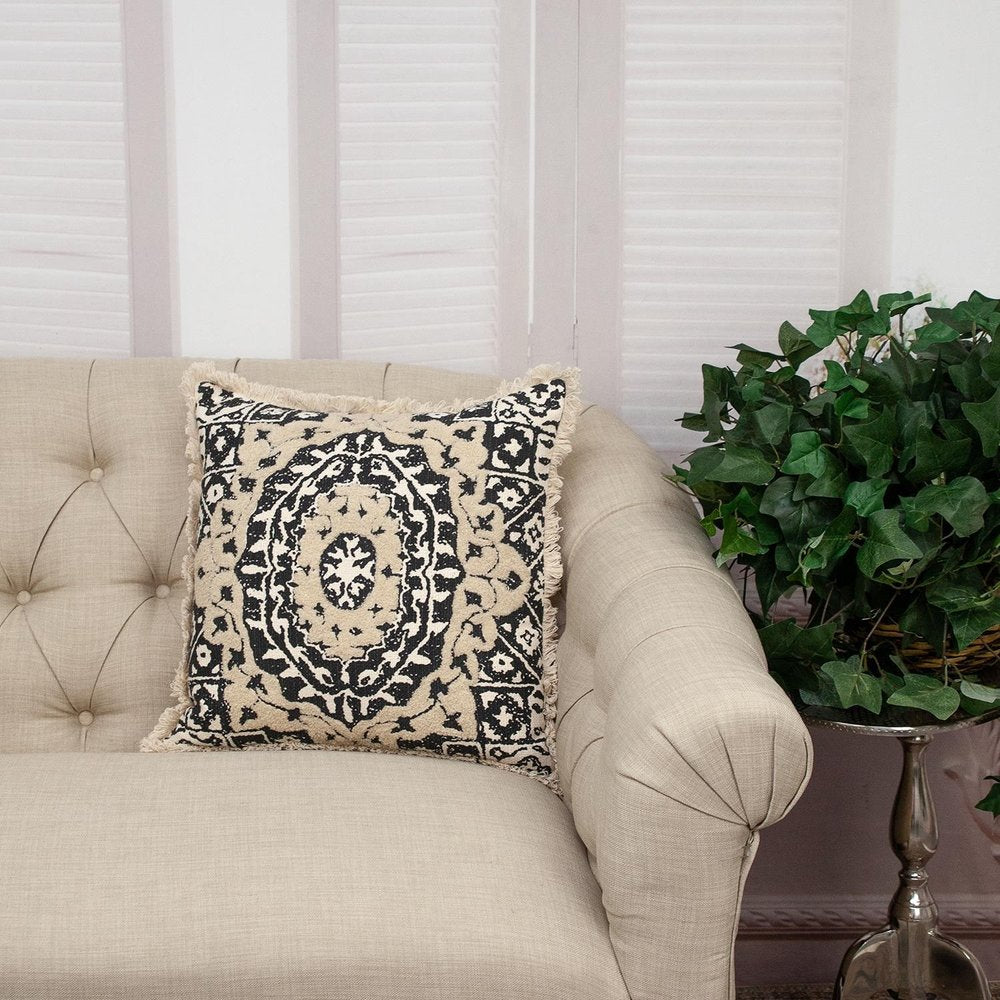 18" Beige And Black Medallion Cotton Blend Throw Pillow