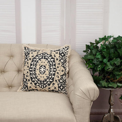 18" Beige And Black Medallion Cotton Blend Throw Pillow