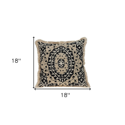18" Beige And Black Medallion Cotton Blend Throw Pillow