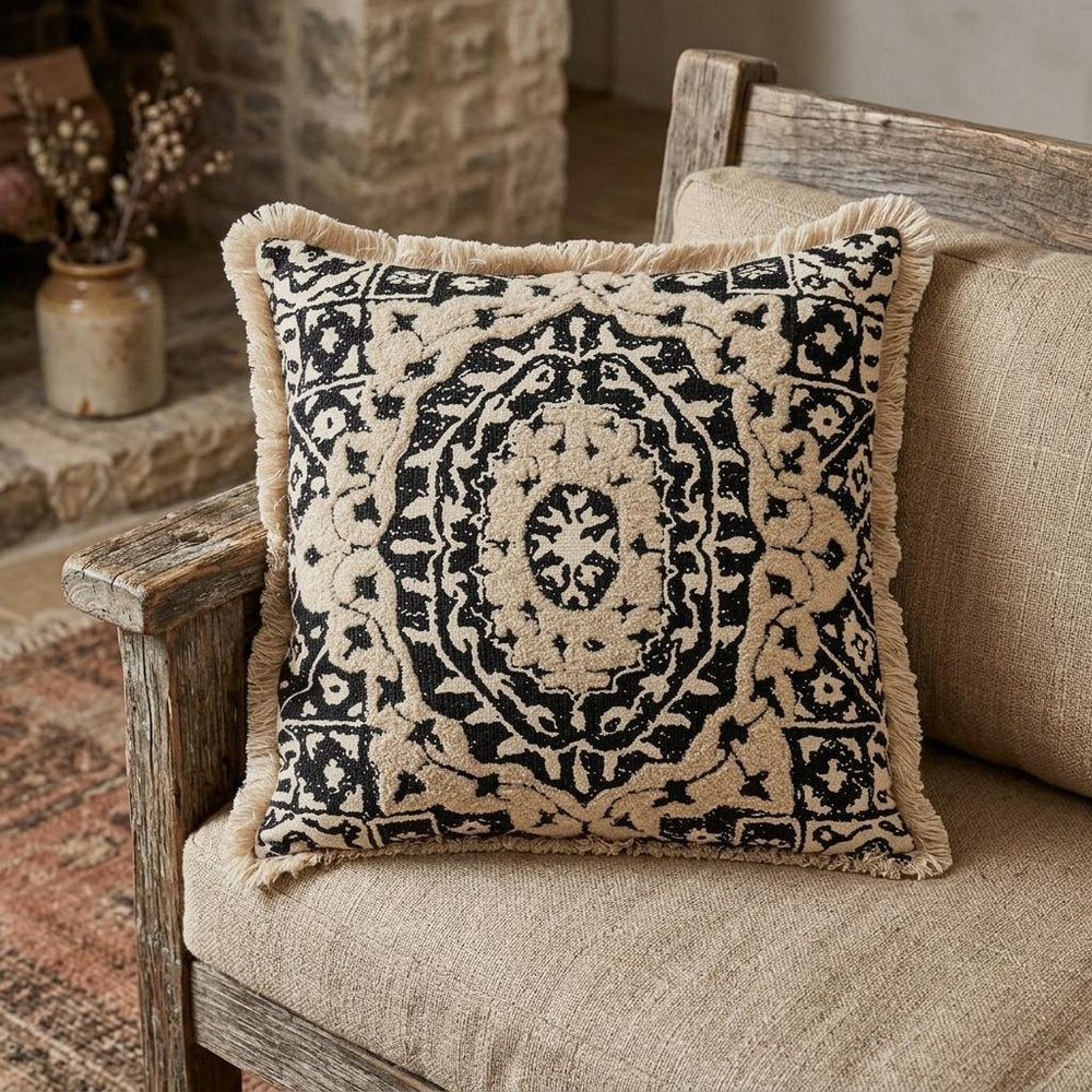 18" Beige And Black Medallion Cotton Blend Throw Pillow
