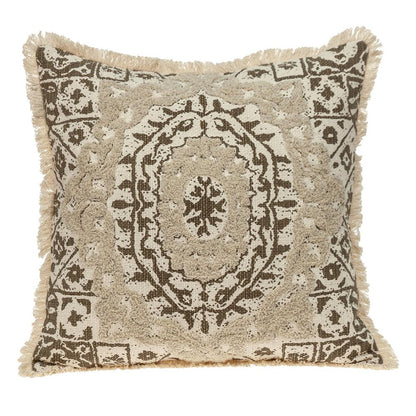 18" Beige And Brown Geometric Cotton Blend Throw Pillow with Fringes And Texture