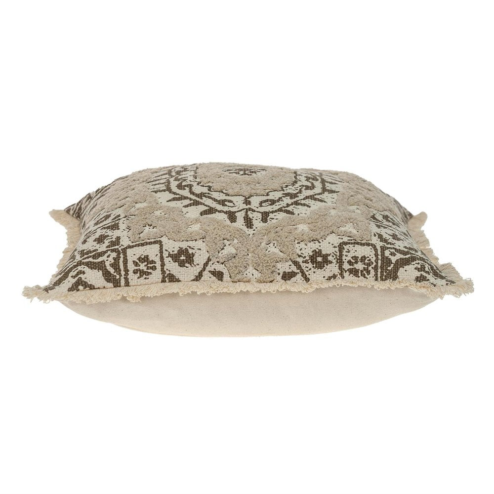 18" Beige And Brown Geometric Cotton Blend Throw Pillow with Fringes And Texture