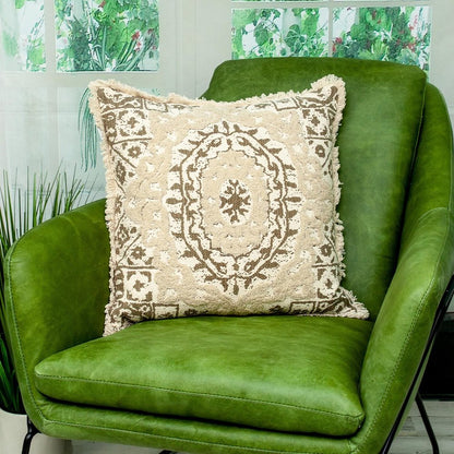 18" Beige And Brown Geometric Cotton Blend Throw Pillow with Fringes And Texture