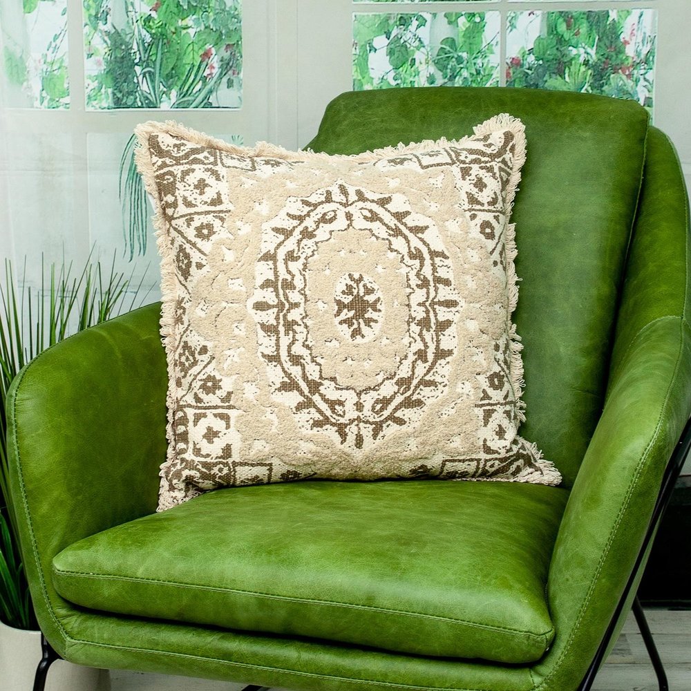 18" Beige And Brown Geometric Cotton Blend Throw Pillow with Fringes And Texture