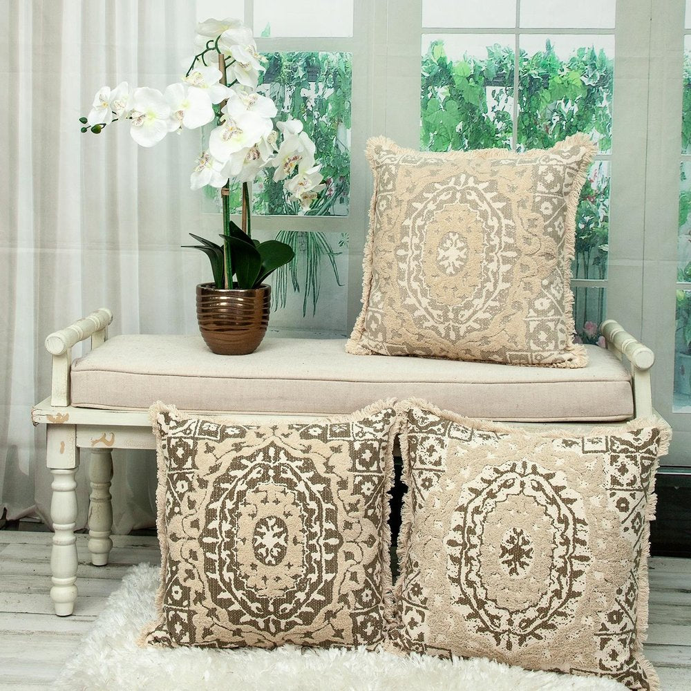 18" Beige And Brown Geometric Cotton Blend Throw Pillow with Fringes And Texture
