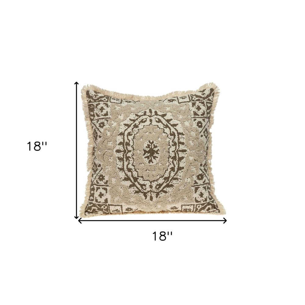 18" Beige And Brown Geometric Cotton Blend Throw Pillow with Fringes And Texture