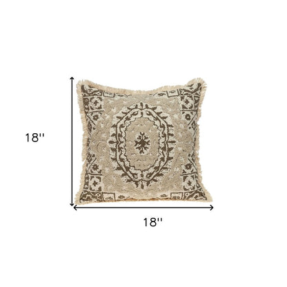 18" Beige And Brown Geometric Cotton Blend Throw Pillow with Fringes And Texture