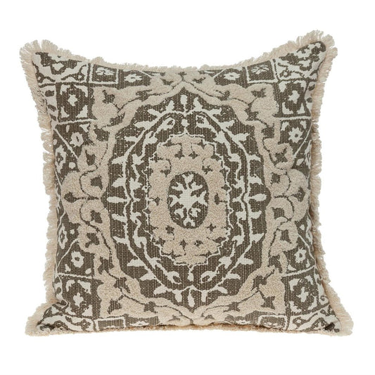18" Beige And Dark Brown Medallion Cotton Blend Throw Pillow