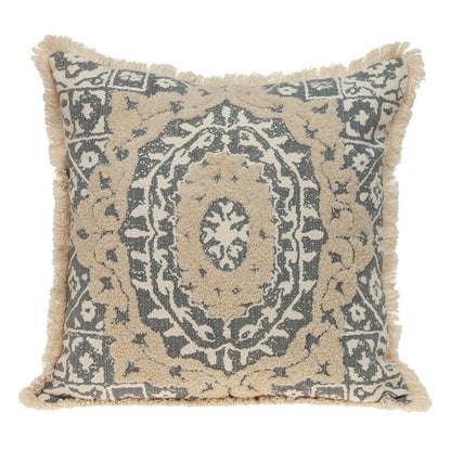 18" Beige And Gray Medallion Cotton Blend Throw Pillow