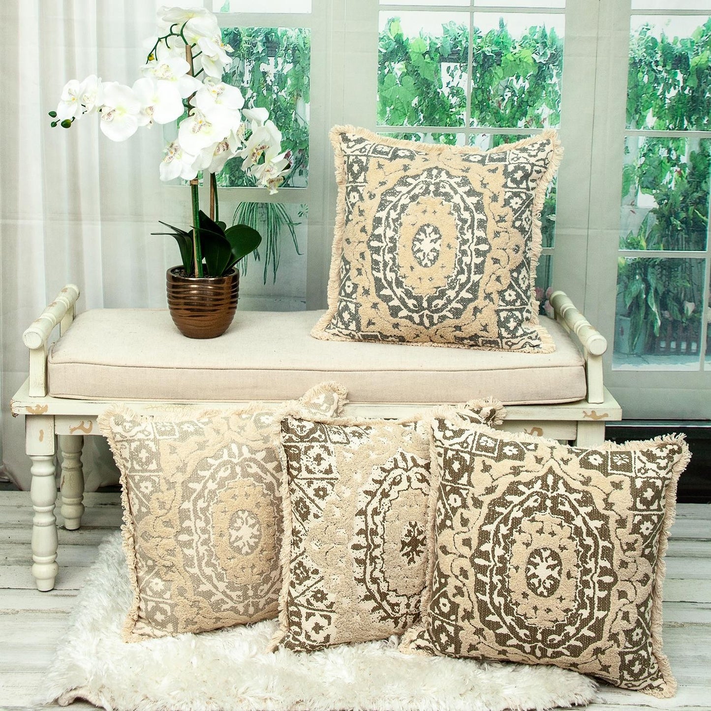 Boho Garland Beige and Gray Decorative Accent Pillow