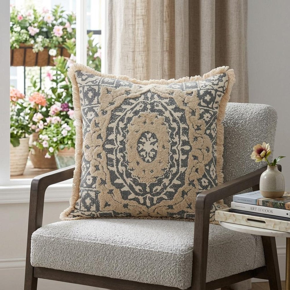 18" Beige And Gray Medallion Cotton Blend Throw Pillow