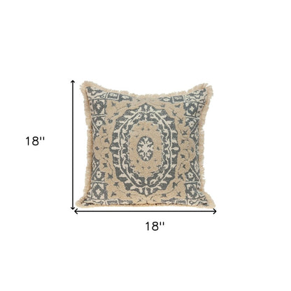 18" Beige And Gray Medallion Cotton Blend Throw Pillow