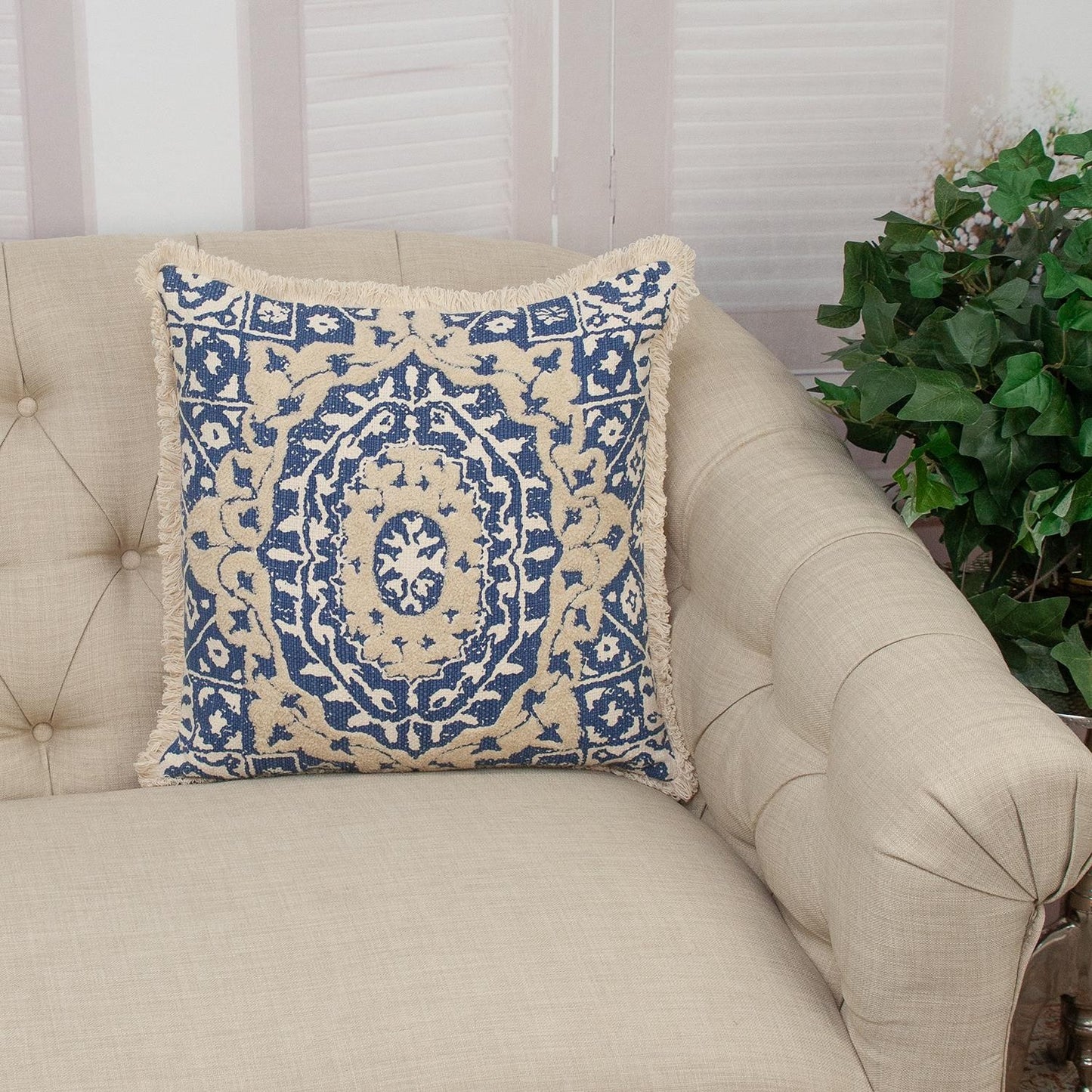 Boho Garland Beige and Navy Blue Decorative Accent Pillow