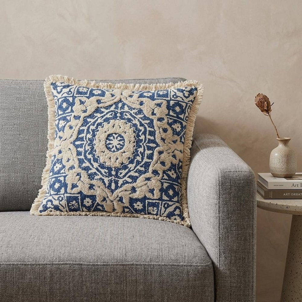 Boho Garland Beige and Navy Blue Decorative Accent Pillow