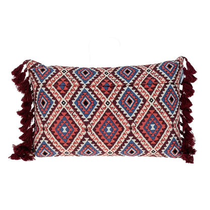 14" X 20" Blue Burgundy And Cream Abstract Cotton Blend Throw Pillow with Tassels