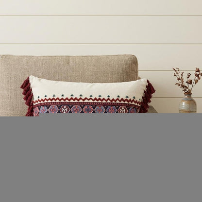 14" X 20" Blue Burgundy And Cream Abstract Cotton Blend Throw Pillow with Tassels